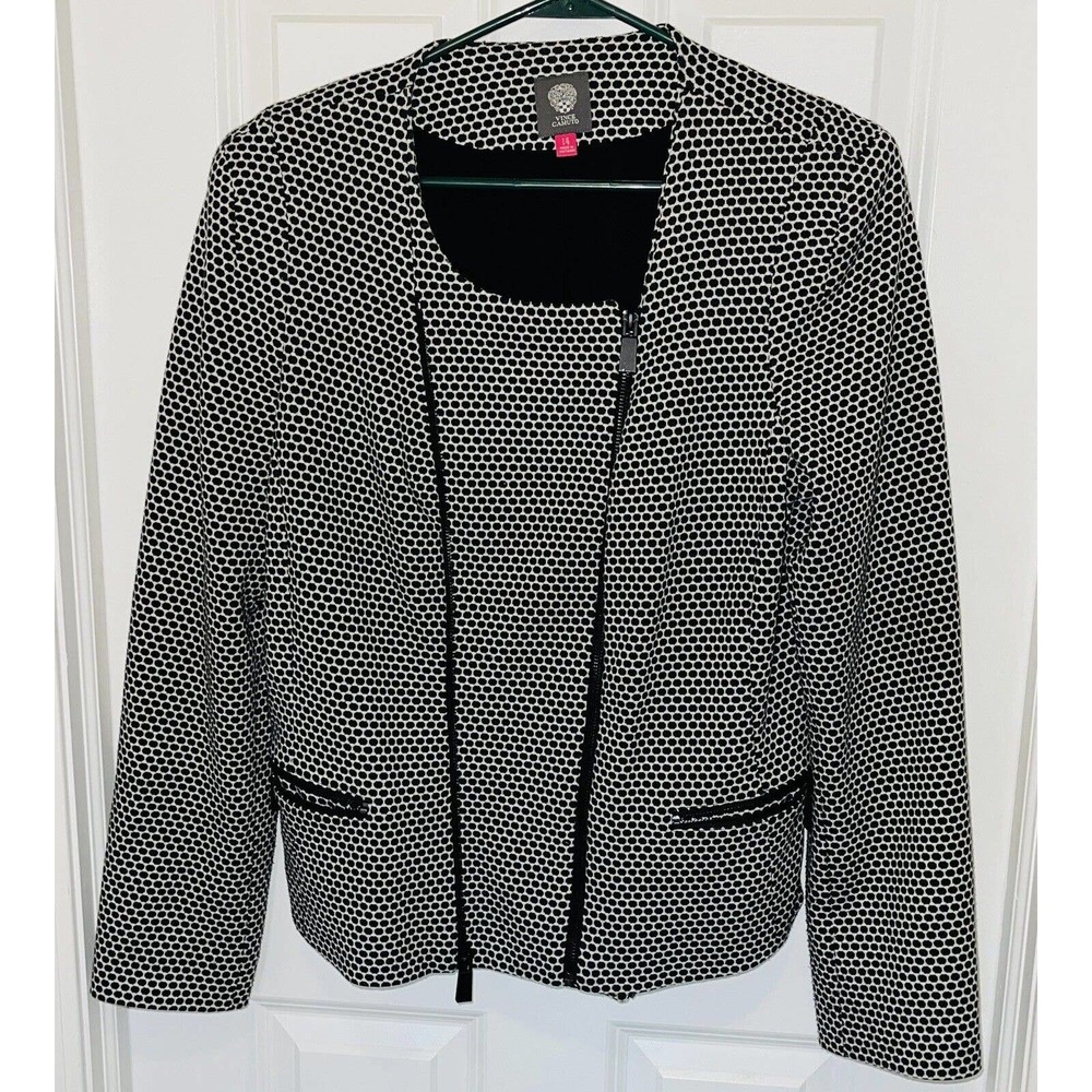 Women's Vince Camuto Blazer Jacket Dual Asymmetrical Zippers Size 14 Black White